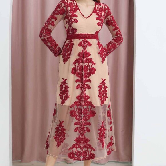 Chicwish V-Neck Floral Embroidered Mesh Maxi Dress – Wine/Red – Size M – Worn On - Picture 3 of 7